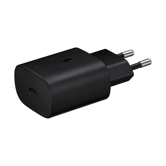 Das Bild zeigt das Samsung EP‑TA800 Ladegerät mit 25 W in Schwarz aus der Seitenansicht. 