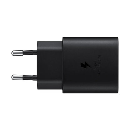 Das Bild zeigt das Samsung EP‑TA800 Ladegerät mit 25 W in Schwarz aus der Frontansicht. 