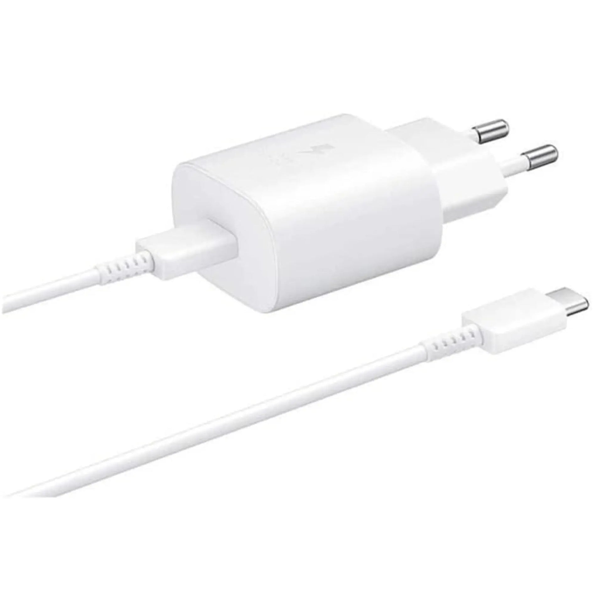 Das Bild zeigt das Samsung EP‑TA800 Ladegerät mit 25 W in Weiß inklusive USB-C Ladekabel.