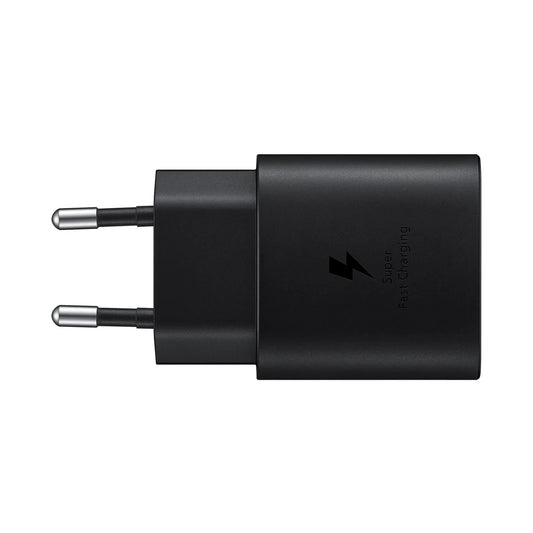 Das Bild zeigt das Samsung EP‑TA800 Ladegerät mit 25 W in Schwarz aus der Seitenansicht.