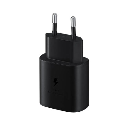 Das Bild zeigt das Samsung EP‑TA800 Ladegerät mit 25 W in Schwarz aus der Frontansicht.