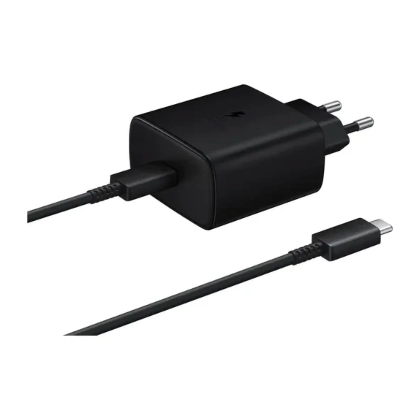 Das Bild zeigt das Samsung EP-TA845 Ladegerät mit 45 W inkl. USB-C-Ladekabel in Schwarz.