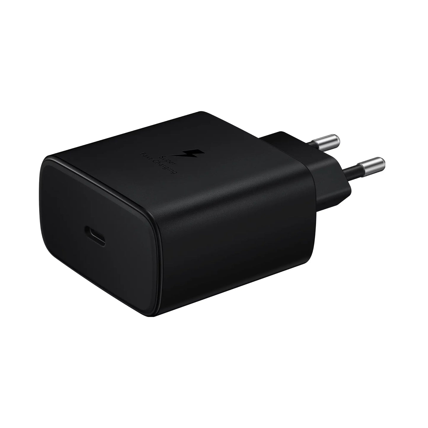 Das Bild zeigt das Samsung EP‑TA845 Ladegerät mit 45 W in Schwarz aus der Frontansicht.