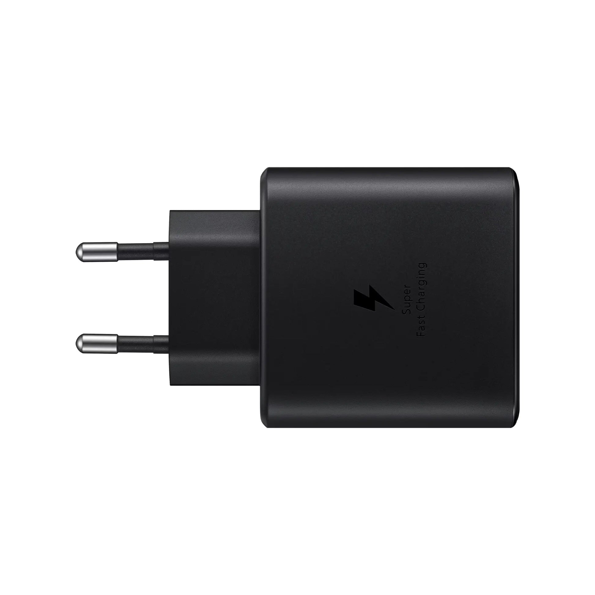 Das Bild zeigt das Samsung EP‑TA845 Ladegerät mit 45 W in Schwarz aus der Seitenansicht.
