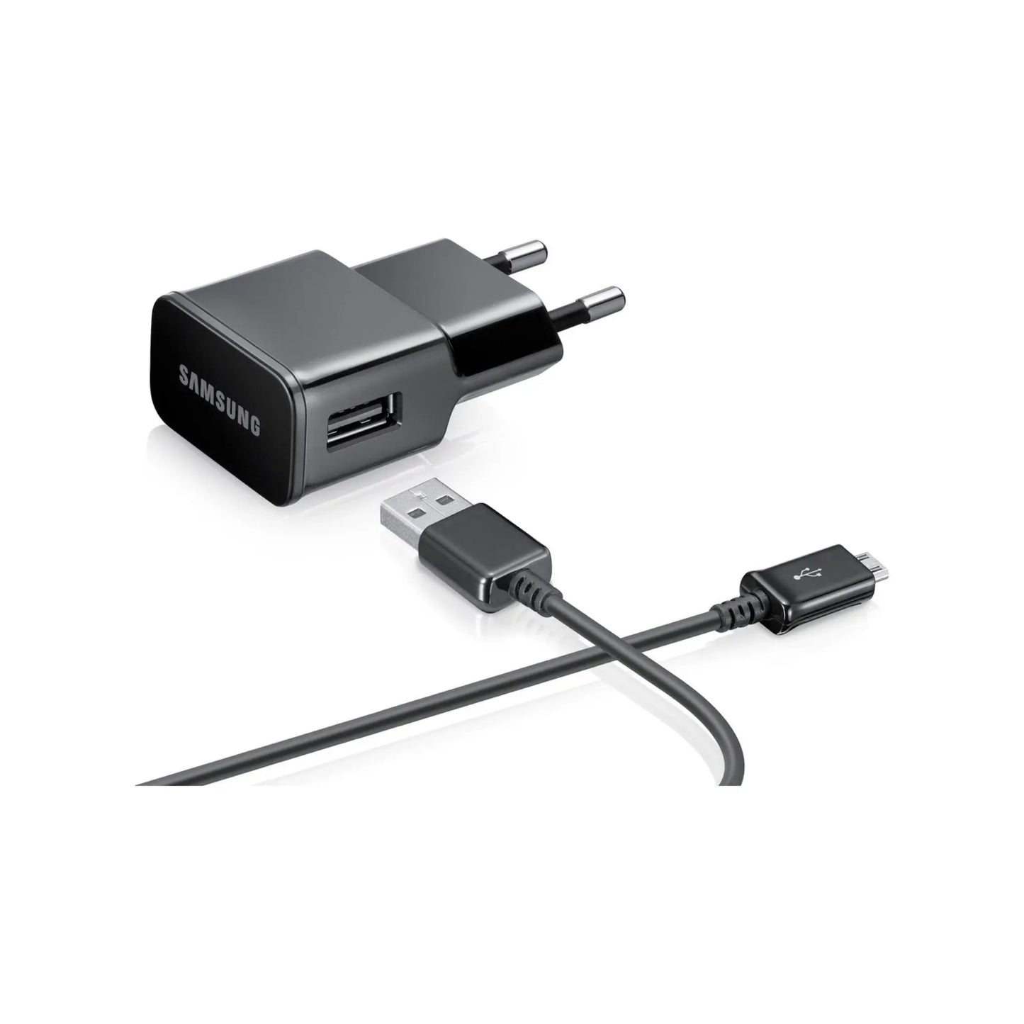 Das Bild zeigt das Samsung ETA-U90EBE Ladegerät 10W inkl. Ladekabel Micro-USB in Schwarz aus der Seitenansicht.