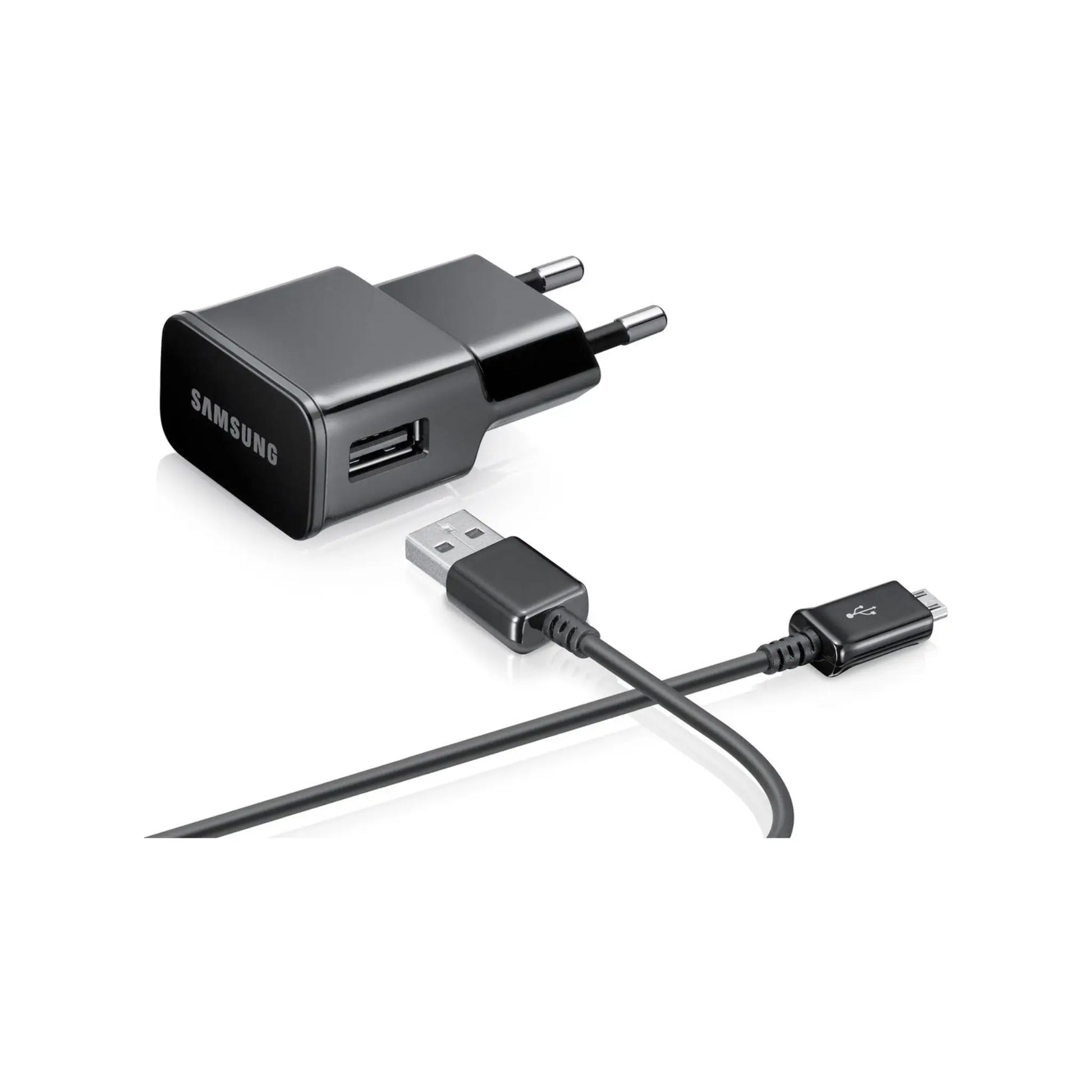 Das Bild zeigt das Samsung ETA-U90EBE Ladegerät 10W inkl. Ladekabel Micro-USB in Schwarz aus der Seitenansicht.