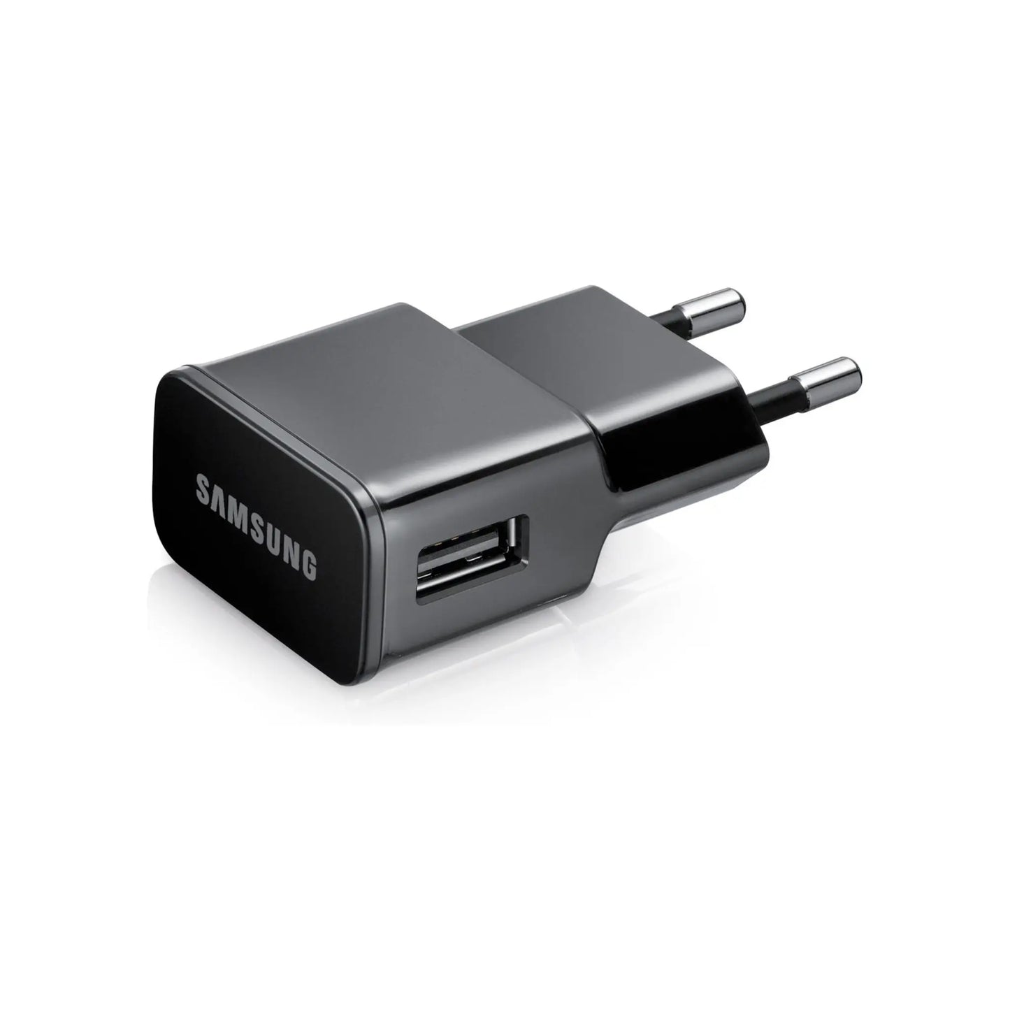 Das Bild zeigt das Samsung ETA-U90EBE Ladegerät 10W in Schwarz aus der Seitenansicht.