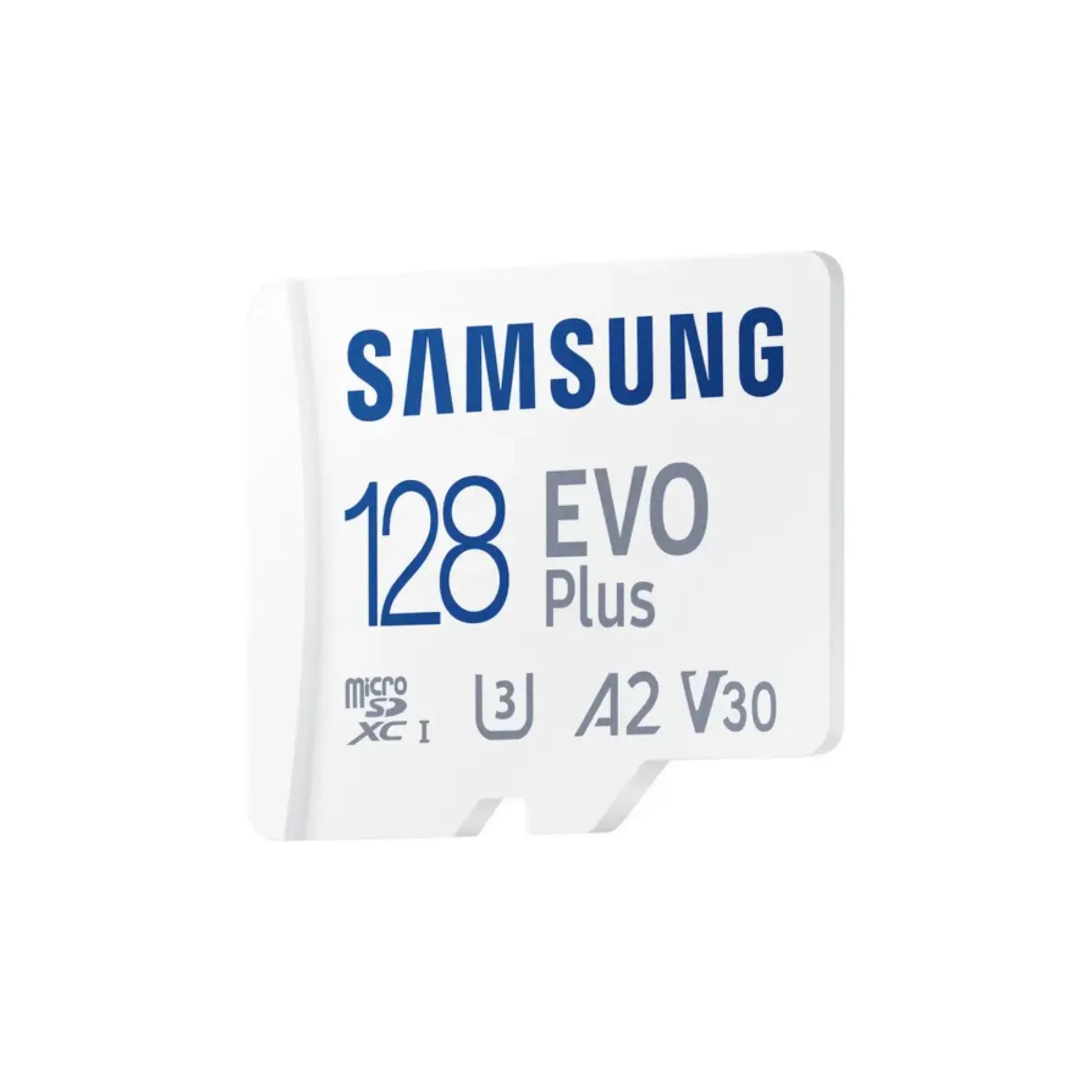 Das Bild zeigt die Samsung EVO Plus microSD UHS-I Speicherkarte mit 128 GB Kapazität in der Seitenansicht.