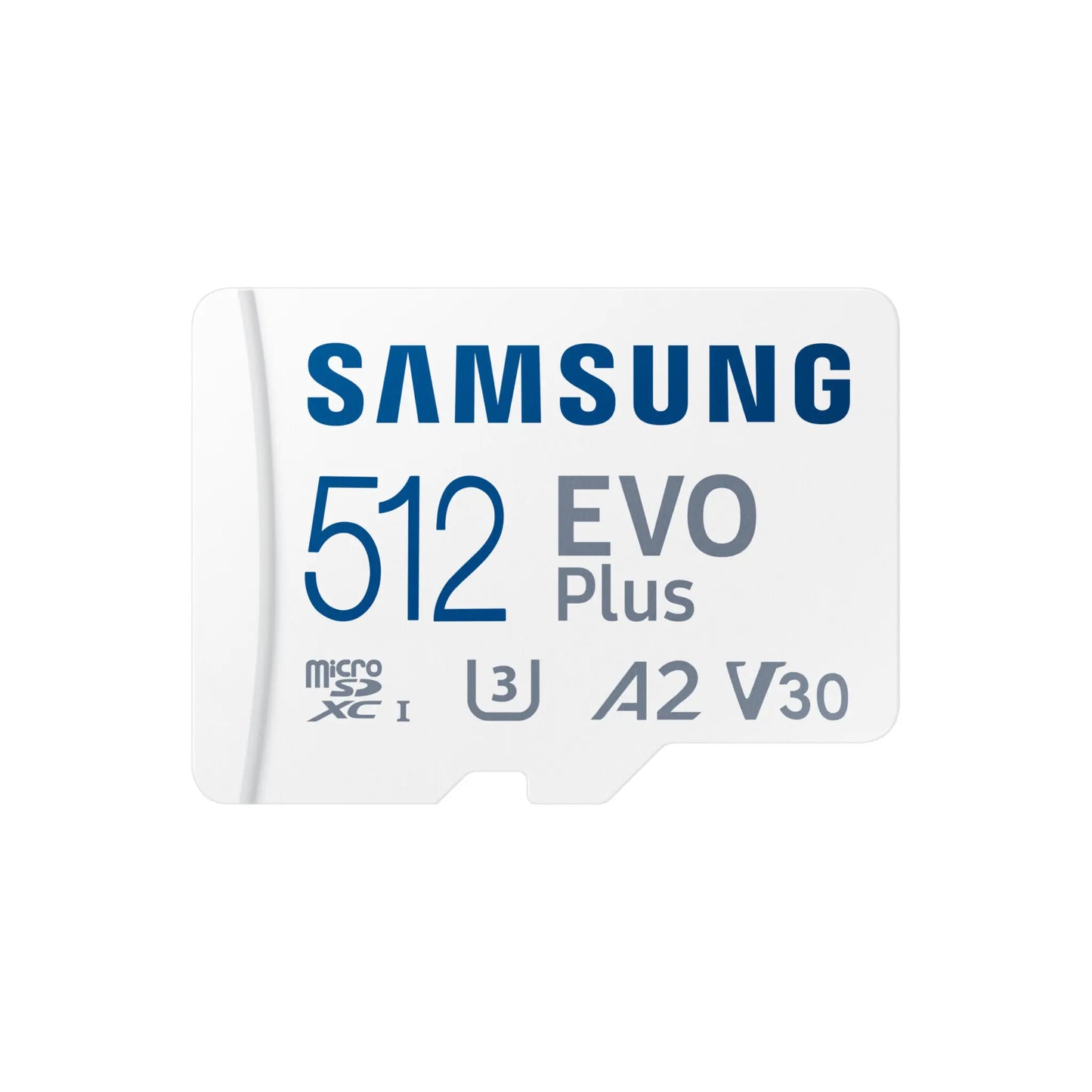 Das Bild zeigt die Samsung EVO Plus microSD UHS-I Speicherkarte mit 512 GB Kapazität in der Frontansicht.