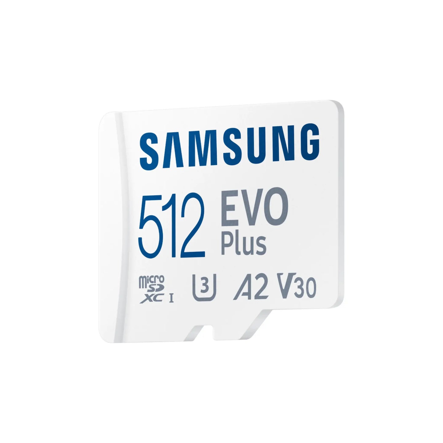 Das Bild zeigt die Samsung EVO Plus microSD UHS-I Speicherkarte mit 512 GB Kapazität in der Seitenansicht.