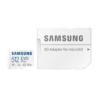 Samsung EVO Plus microSD UHS-I Speicherkarte 512 GB mit Adapter für hohe Geschwindigkeit und Zuverlässigkeit.