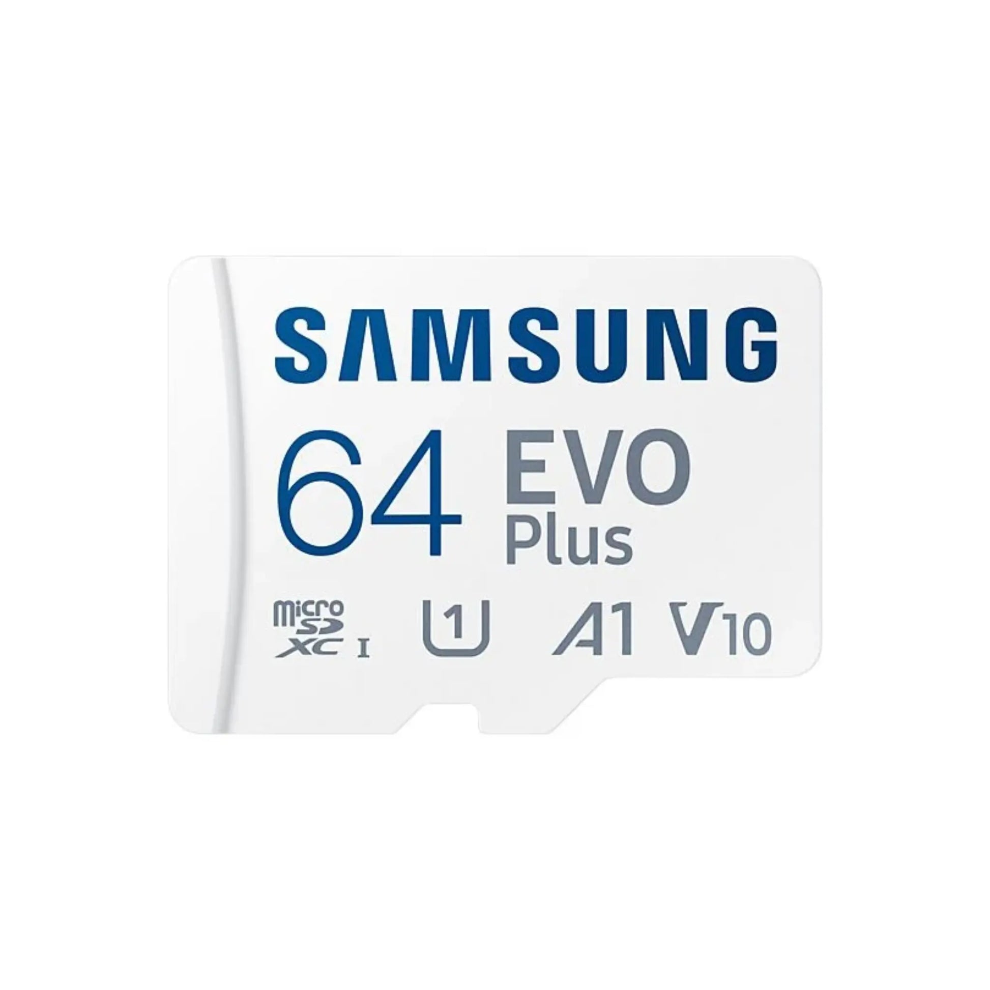 Das Bild zeigt die Samsung EVO Plus microSD UHS-I Speicherkarte mit 64 GB Kapazität in der Frontansicht.