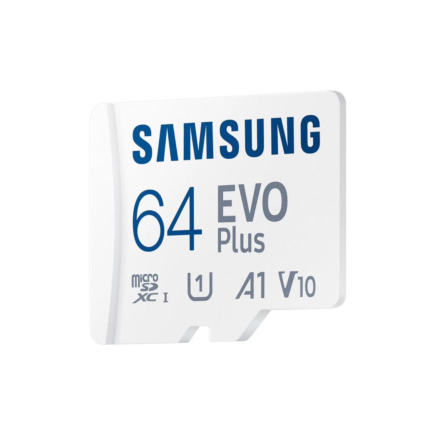 Das Bild zeigt die Samsung EVO Plus microSD UHS-I Speicherkarte mit 64 GB Kapazität in der Seitenansicht.