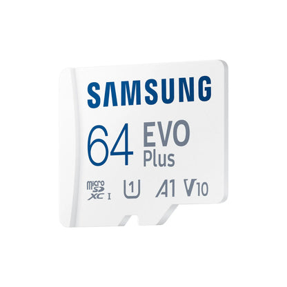 Das Bild zeigt die Samsung EVO Plus microSD UHS-I Speicherkarte mit 64 GB Kapazität in der Seitenansicht.
