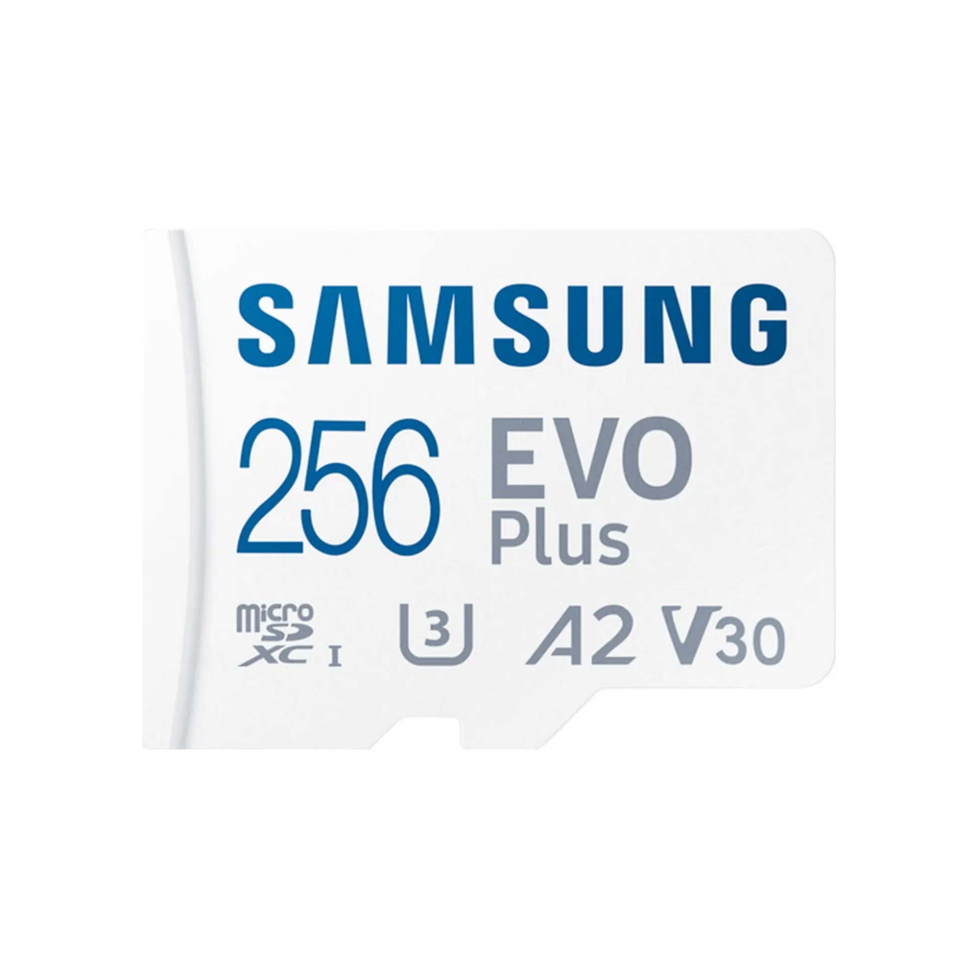 Das Bild zeigt die Samsung EVO Plus microSD UHS-I Speicherkarte mit 256 GB Kapazität in der Frontansicht.
