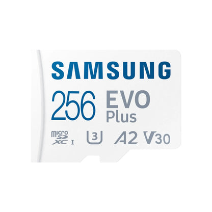 Das Bild zeigt die Samsung EVO Plus microSD UHS-I Speicherkarte mit 256 GB Kapazität in der Frontansicht.