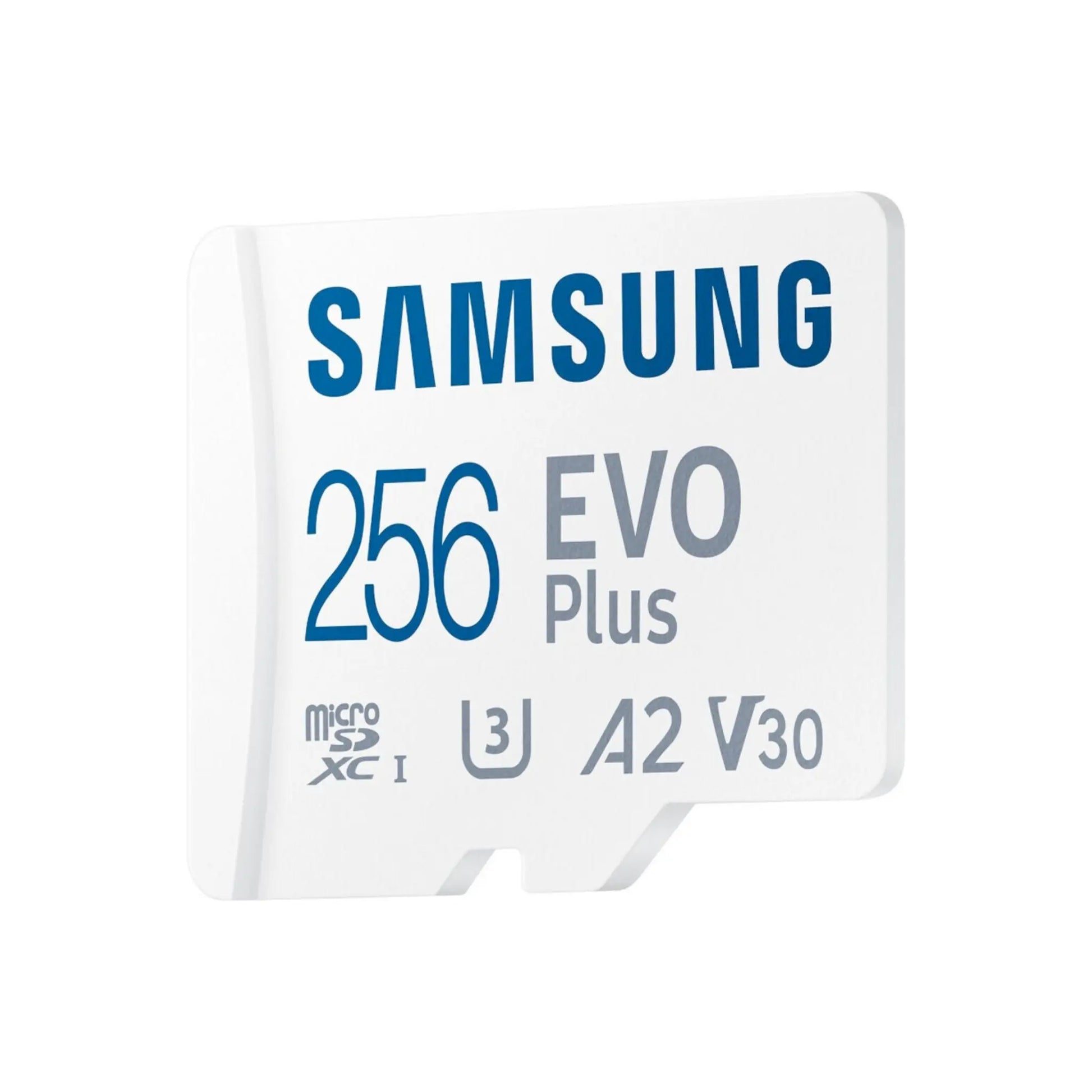 Das Bild zeigt die Samsung EVO Plus microSD UHS-I Speicherkarte mit 256 GB Kapazität in der Seitenansicht.