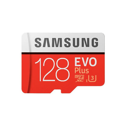 Das Bild zeigt die Samsung EVO PLUS Micro-SDXC Speicherkarte mit 128 GB Speicherkapazität aus der Frontansicht.