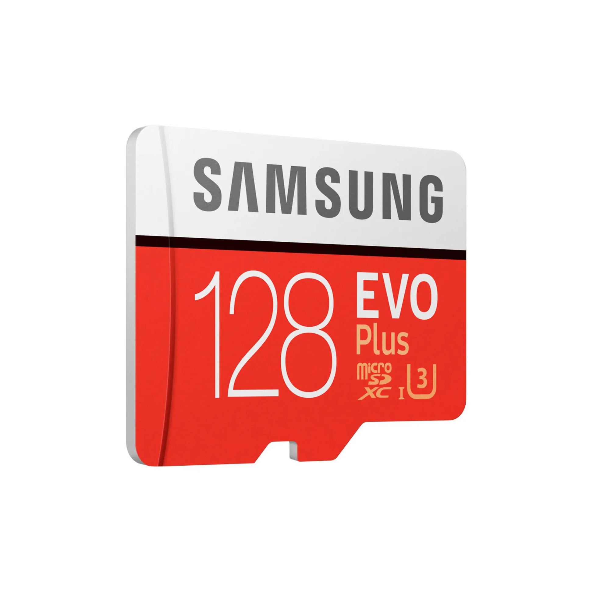 Das Bild zeigt die Samsung EVO PLUS Micro-SDXC Speicherkarte mit 128 GB Speicherkapazität aus der Schrägansicht.