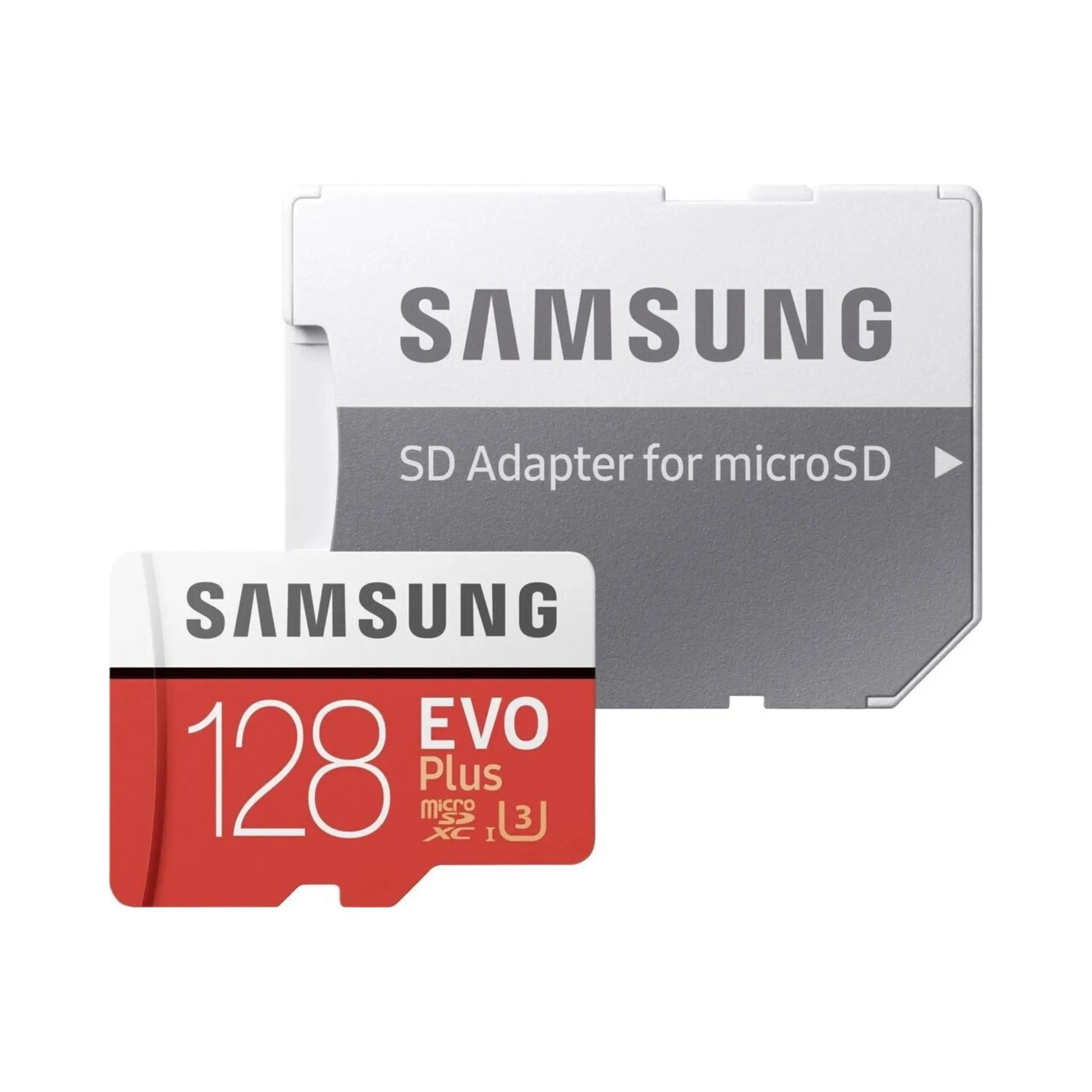 Das Bild zeigt die Samsung EVO PLUS Micro-SDXC Speicherkarte inkl. Adapter und mit 128 GB Speicherkapazität.
