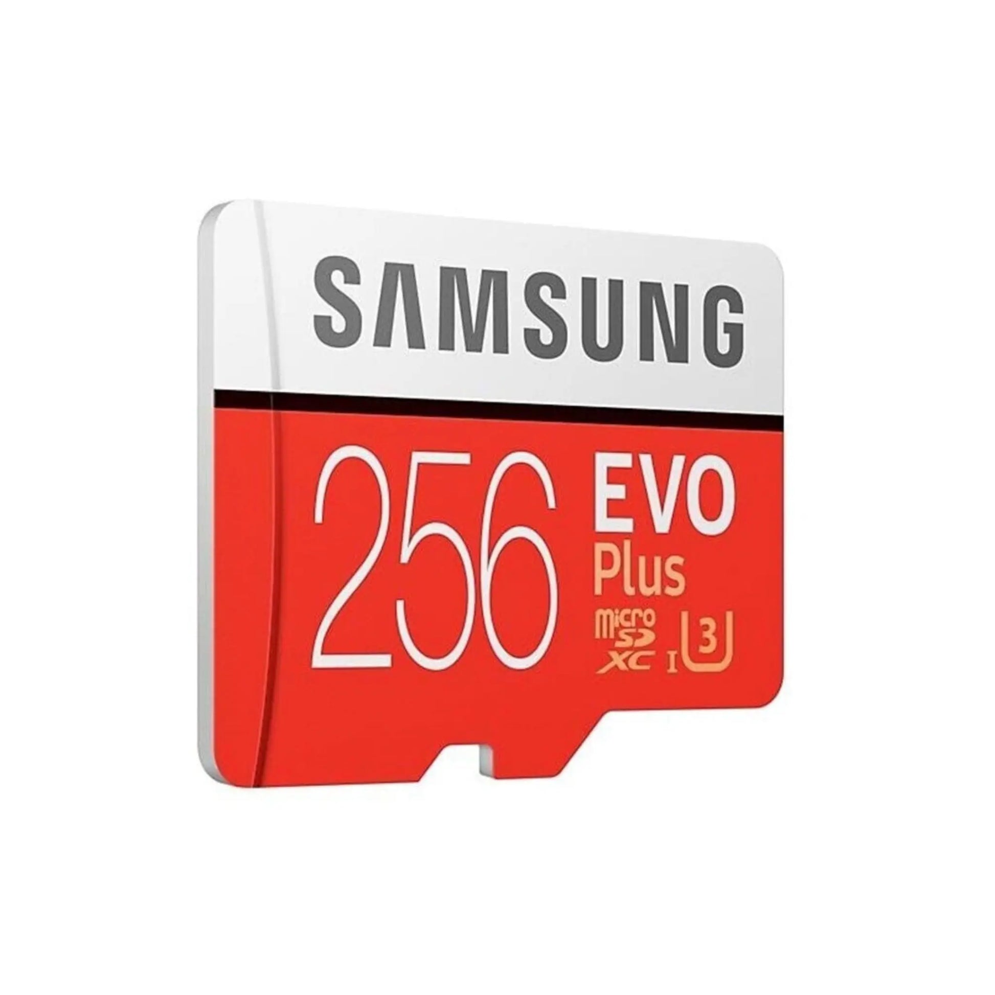 Das Bild zeigt die Samsung EVO PLUS Micro-SDXC Speicherkarte mit 256 GB Speicherkapazität aus der Schrägansicht.