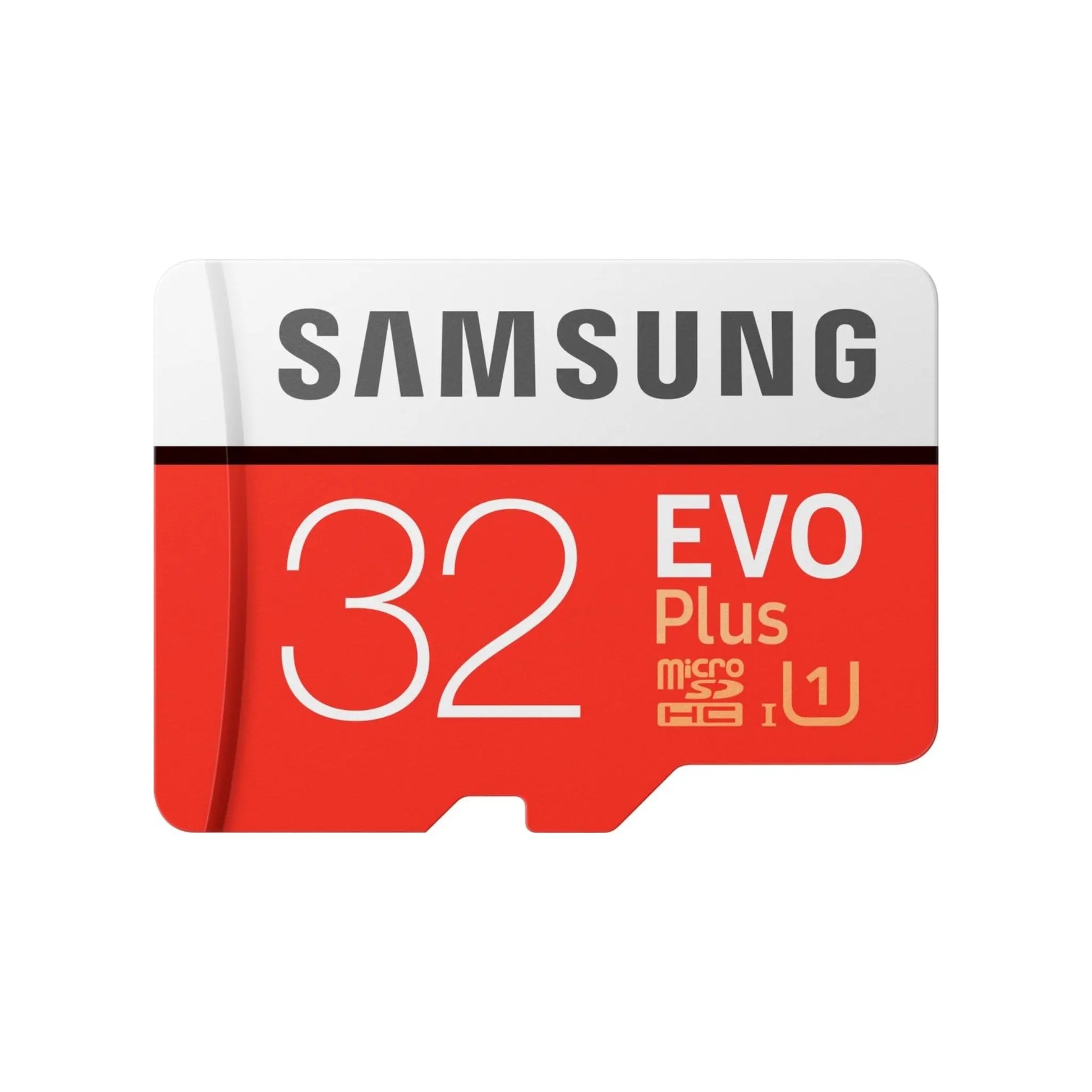 Das Bild zeigt die Samsung EVO PLUS Micro-SDXC Speicherkarte mit 32 GB Speicherkapazität aus der Frontansicht.
