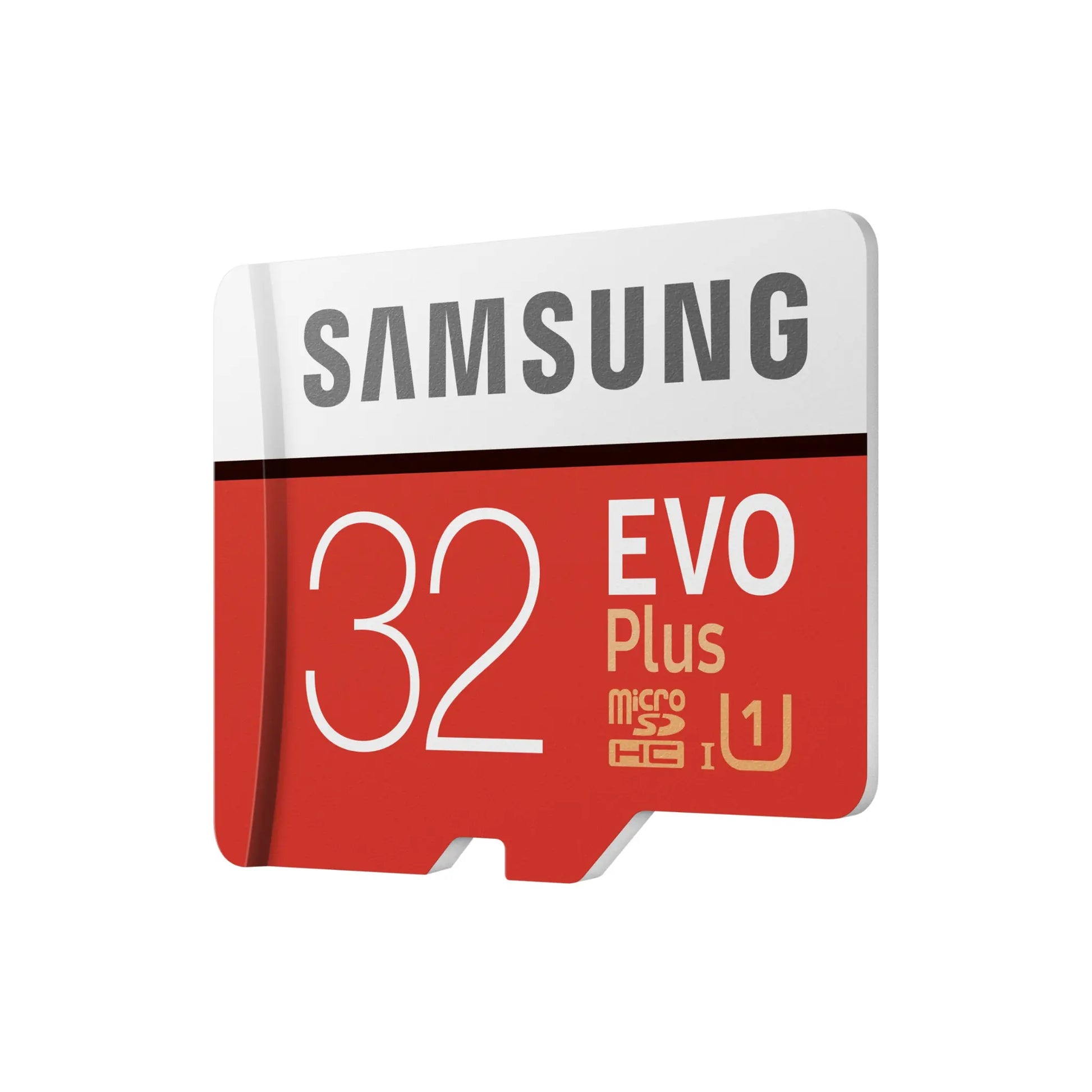 Das Bild zeigt die Samsung EVO PLUS Micro-SDXC Speicherkarte mit 32 GB Speicherkapazität aus der Schrägansicht.