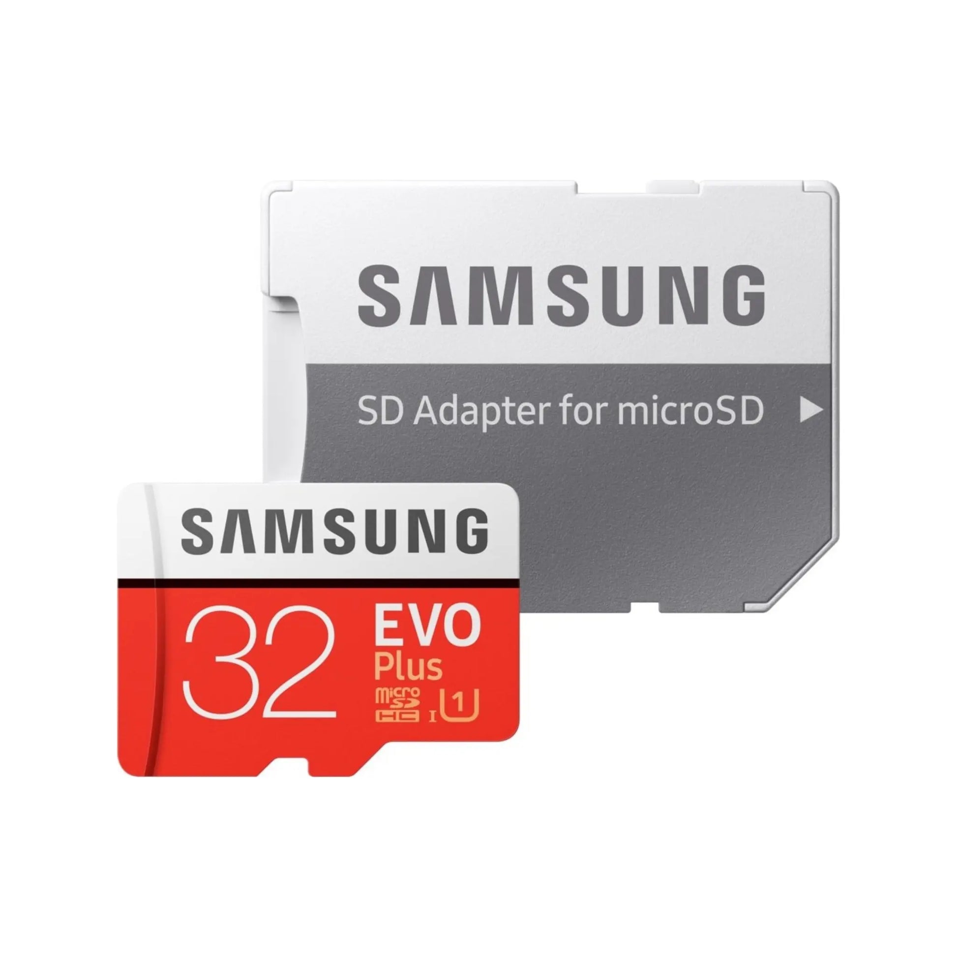 Das Bild zeigt die Samsung EVO PLUS Micro-SDXC Speicherkarte inkl. Adapter und mit 32 GB Speicherkapazität.