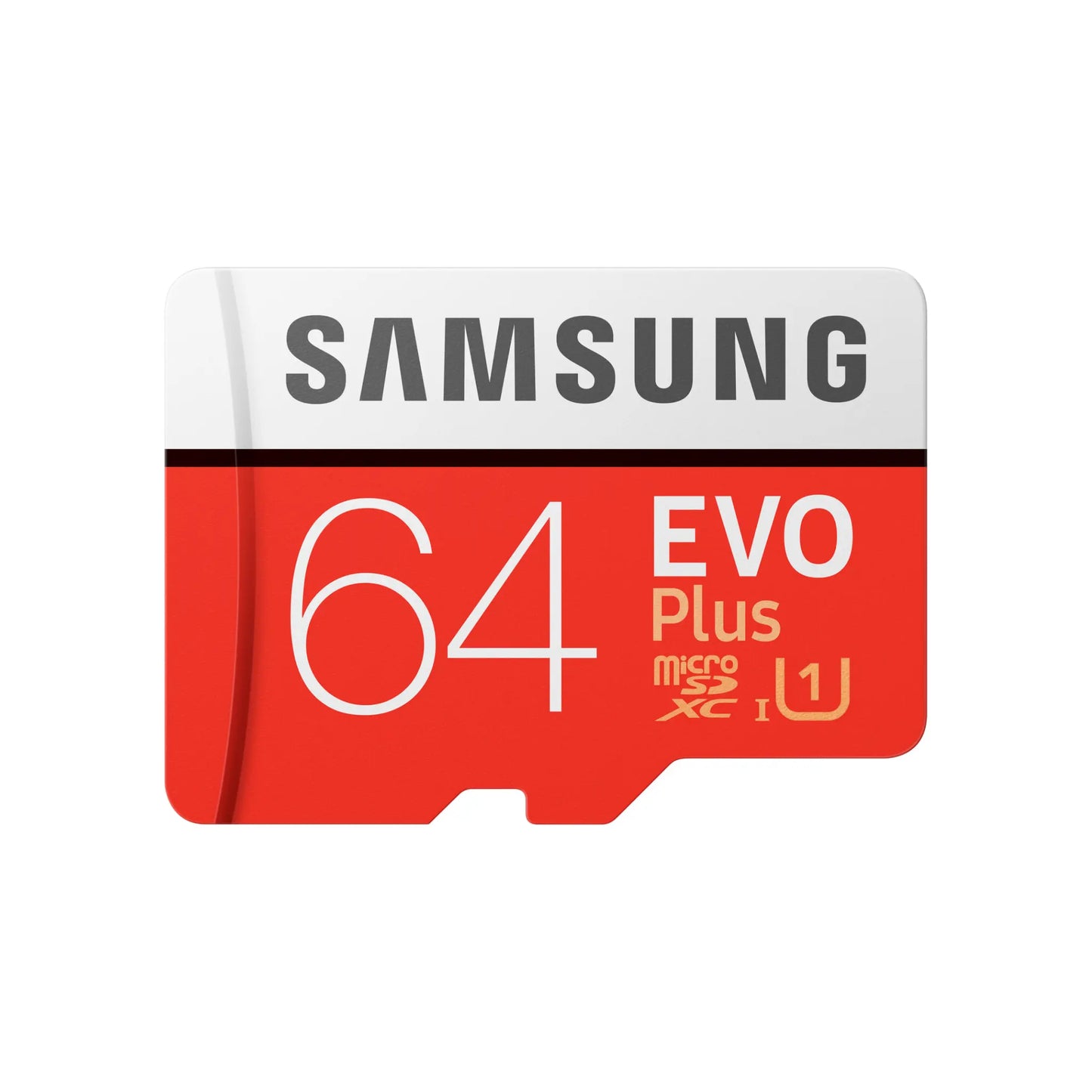 Das Bild zeigt die Samsung EVO PLUS Micro-SDXC Speicherkarte mit 64 GB Speicherkapazität aus der Frontansicht.