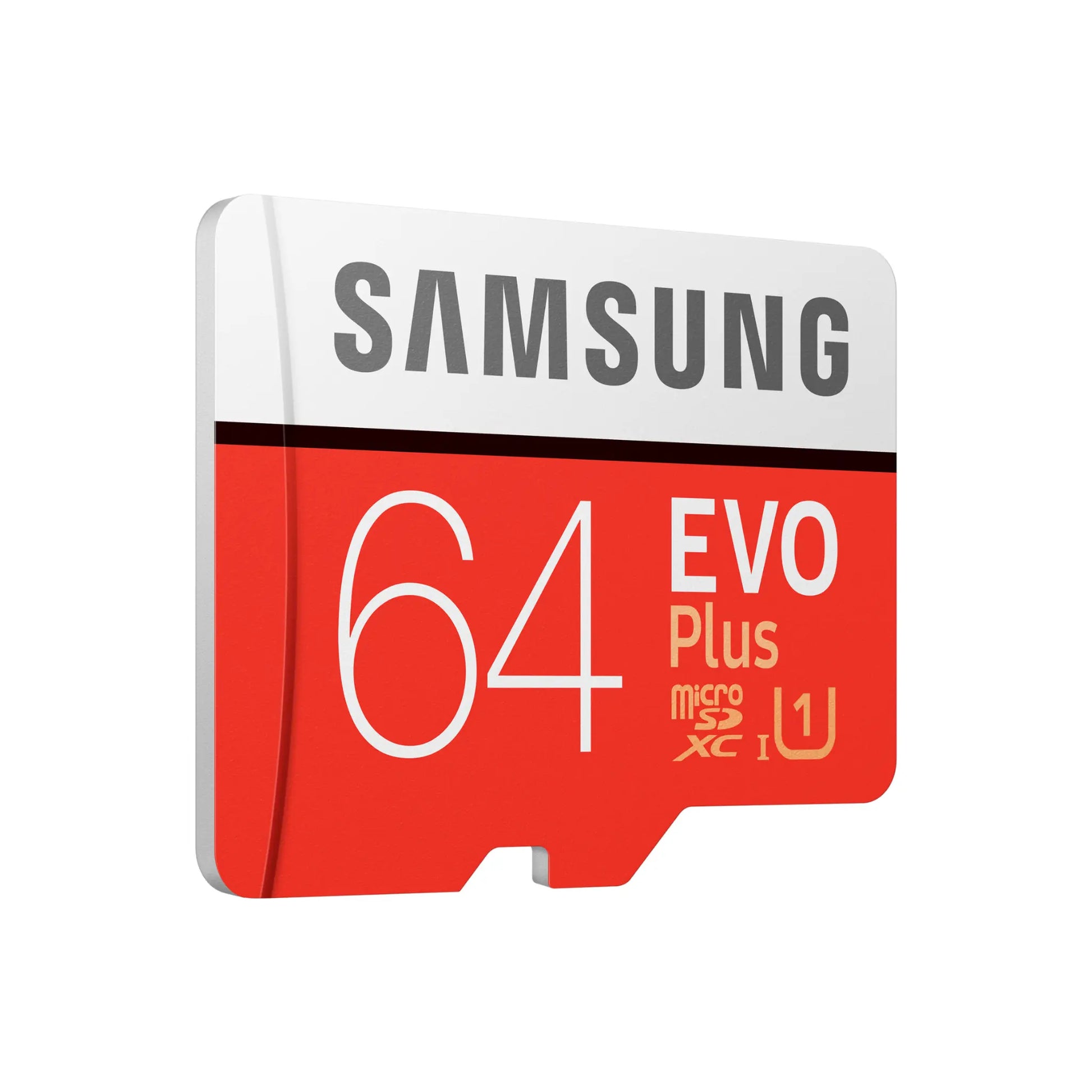 Das Bild zeigt die Samsung EVO PLUS Micro-SDXC Speicherkarte mit 64GB Speicherkapazität aus der Schrägansicht.