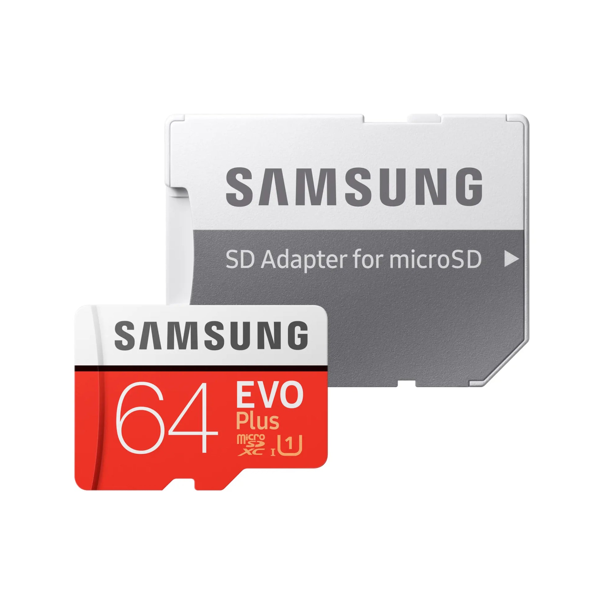 Das Bild zeigt die Samsung EVO PLUS Micro-SDXC Speicherkarte inkl. Adapter und mit 64 GB Speicherkapazität.