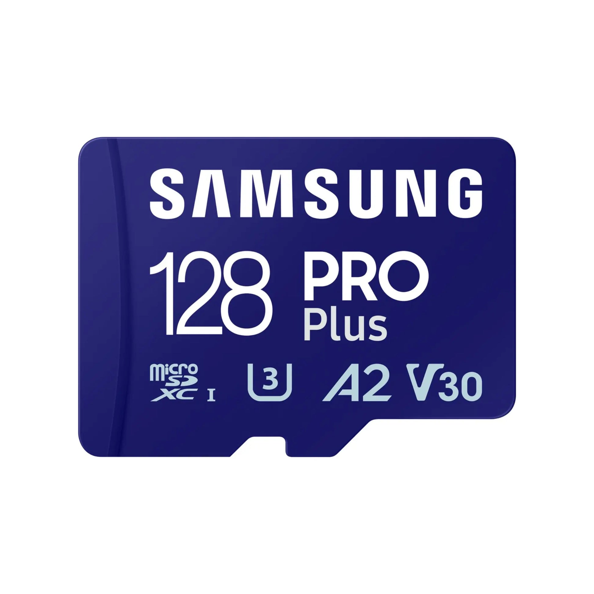 Das Bild zeigt die Samsung PRO PLUS Micro-SDXC Speicherkarte mit 128 GB in der Frontansicht.