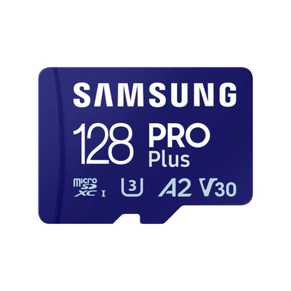 Das Bild zeigt die Samsung PRO PLUS Micro-SDXC Speicherkarte mit 128 GB in der Frontansicht.