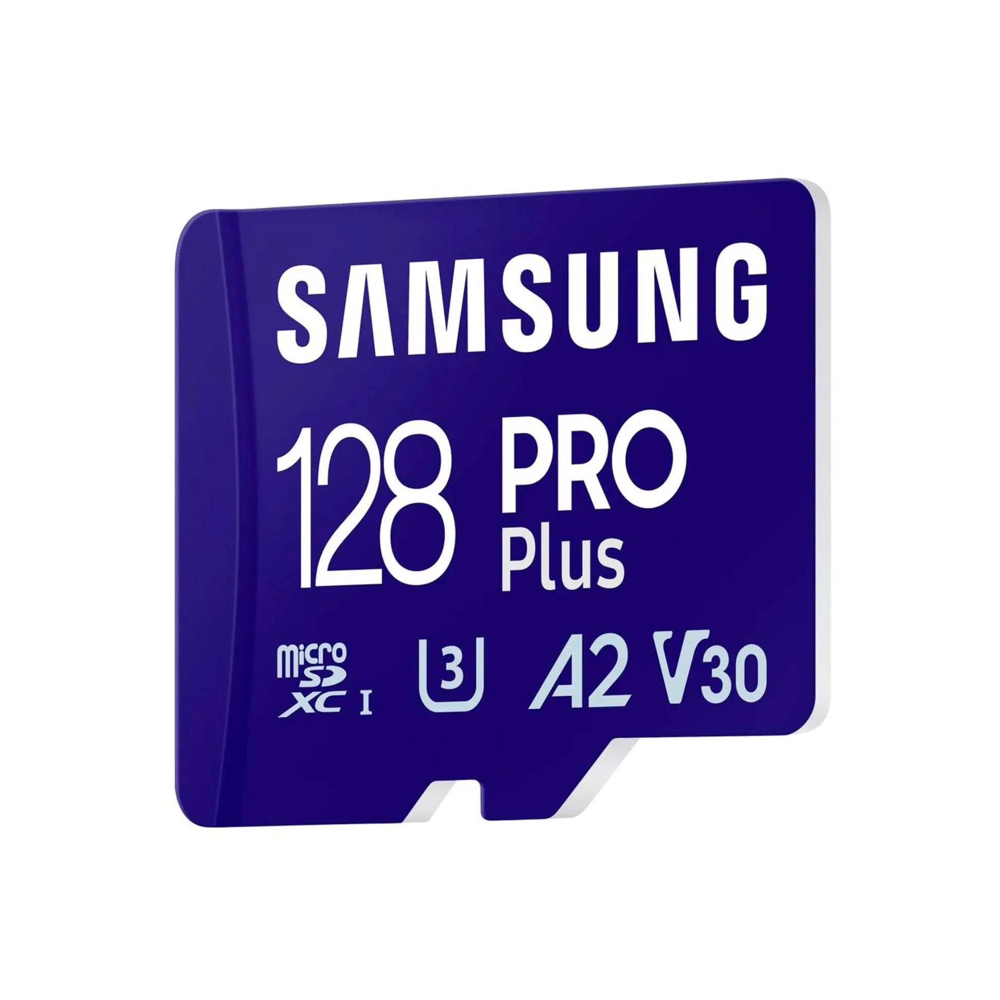 Das Bild zeigt die Samsung PRO PLUS Micro-SDXC Speicherkarte mit 128 GB in der Schrägansicht.