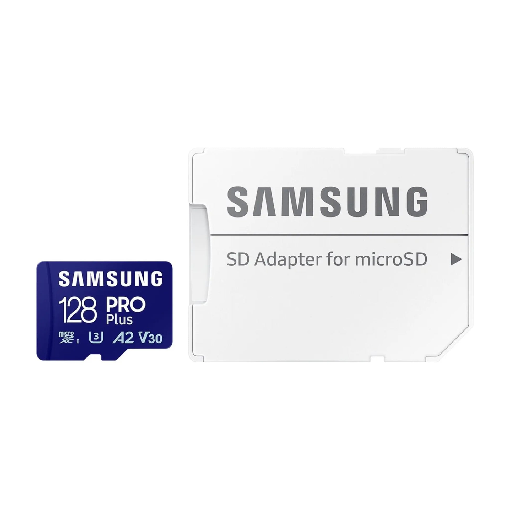 Das Bild zeigt die Samsung PRO PLUS Micro-SDXC Speicherkarte mit 128 GB inkl. Adapter.