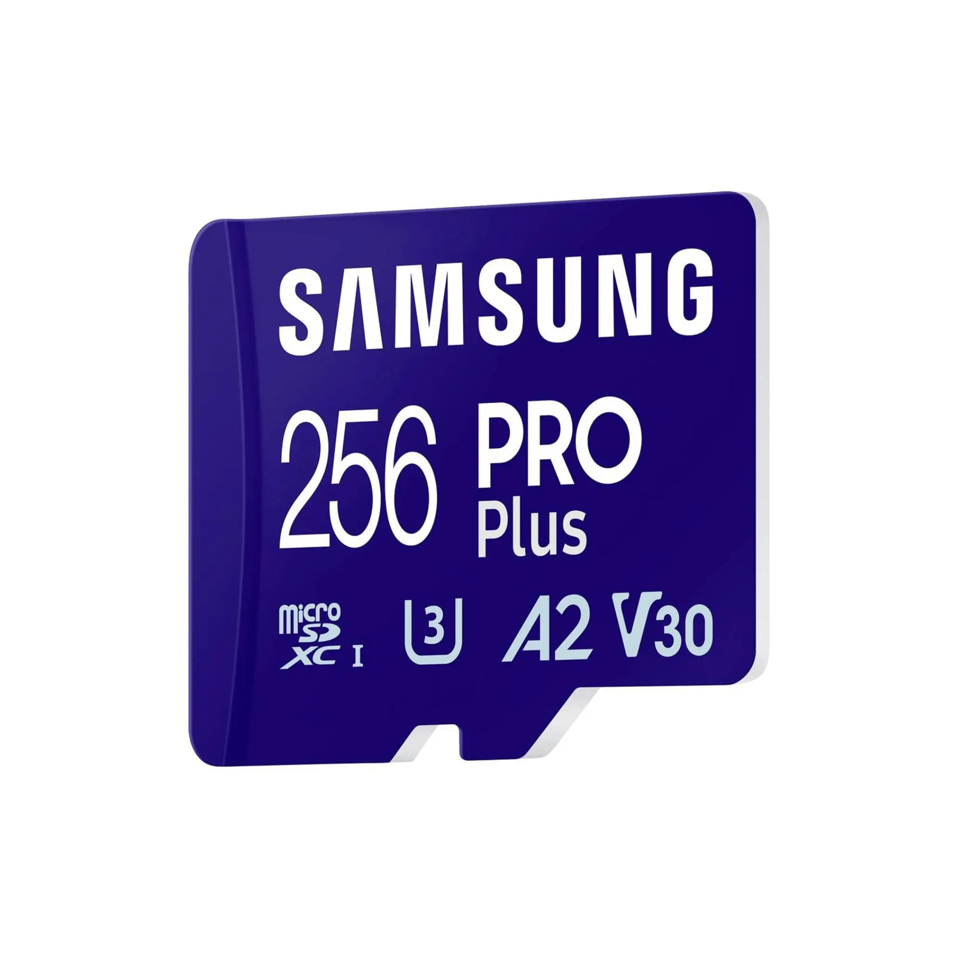 Das Bild zeigt die Samsung PRO PLUS Micro-SDXC Speicherkarte mit 256 GB in der Schrägansicht.