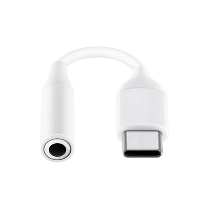 Das Bild zeigt den Samsung USB‑C‑Audio‑Adapter mit 3,5‑mm‑Klinkenstecker in Detailansicht. Es sind beide Steckertypen sichtbar.