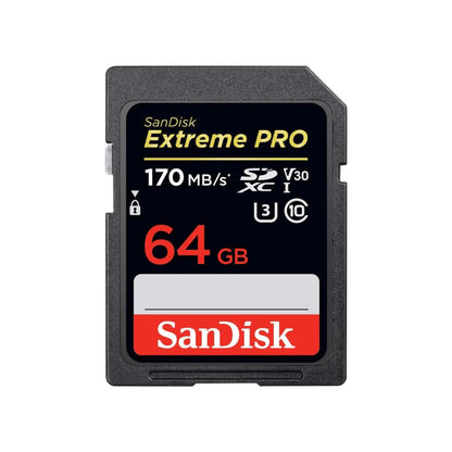 SanDisk Extreme Pro SDXC Speicherkarte 64 GB mit 170 MB/s für schnelle Foto- und Videoaufnahmen.
