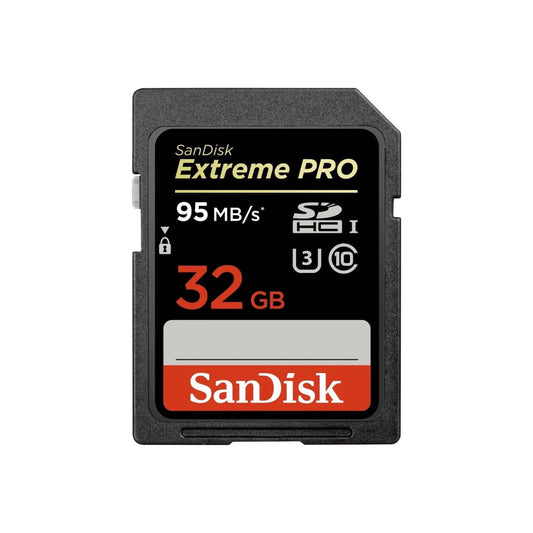 Das Bild zeigt die SanDisk Extreme Pro SDXC Speicherkarte 32 GB mit 95 MB/s aus der Frontansicht.