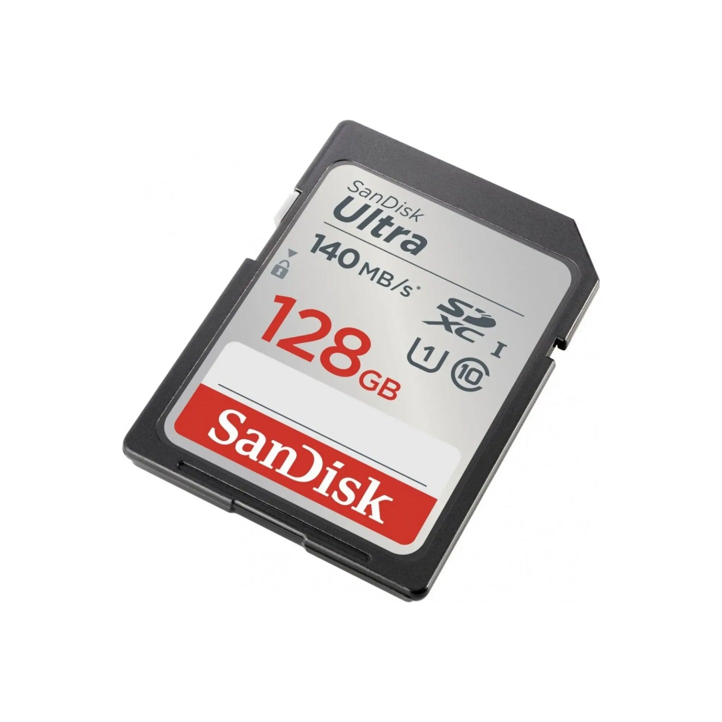Das Bild zeigt die SanDisk Ultra® SDXC™- UHS-I Speicherkarte mit 128 GB Speicherkapazität in der Schrägansicht.