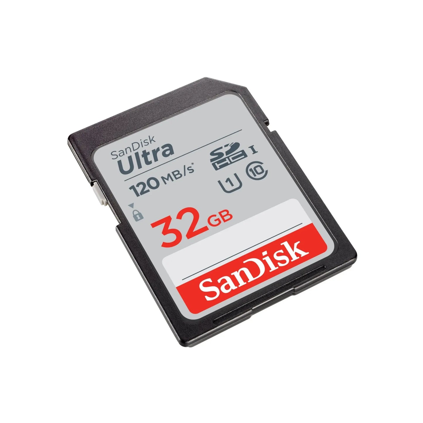 Das Bild zeigt die SanDisk Ultra® SDXC™- UHS-I Speicherkarte mit 32 GB Speicherkapazität in der Schrägansicht.