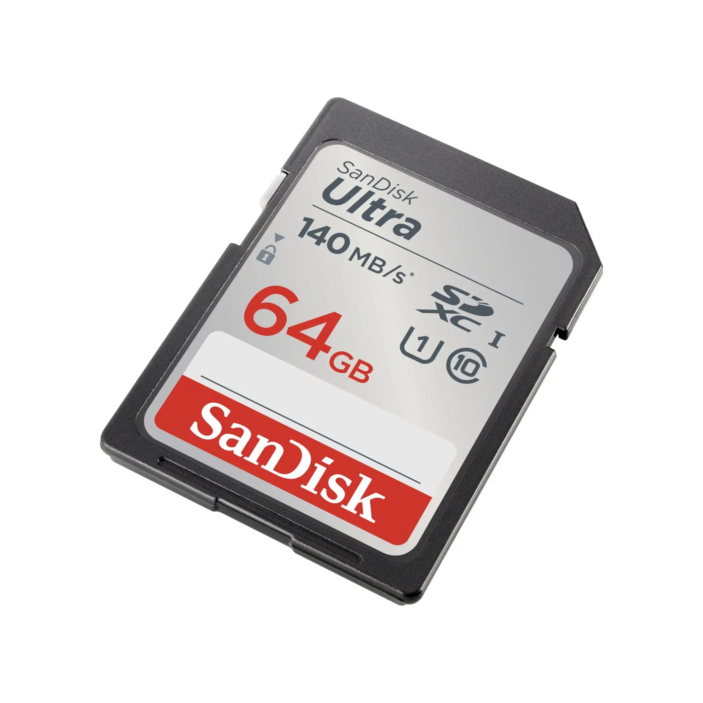 Das Bild zeigt die SanDisk Ultra® SDXC™- UHS-I Speicherkarte mit 64 GB Speicherkapazität in der Schrägansicht.
