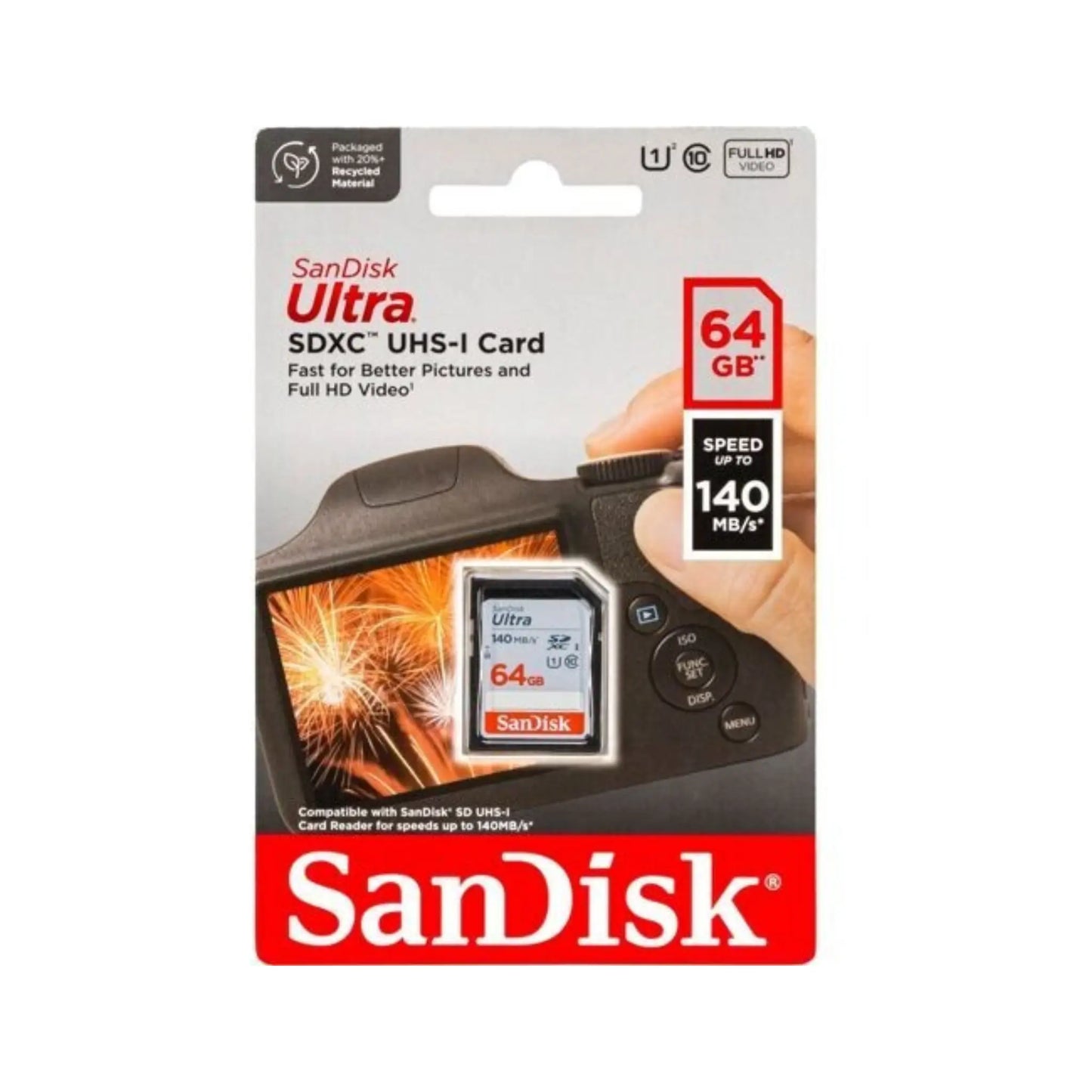 Das Bild zeigt die SanDisk Ultra® SDXC™- UHS-I Speicherkarte mit 64 GB Speicherkapazität.