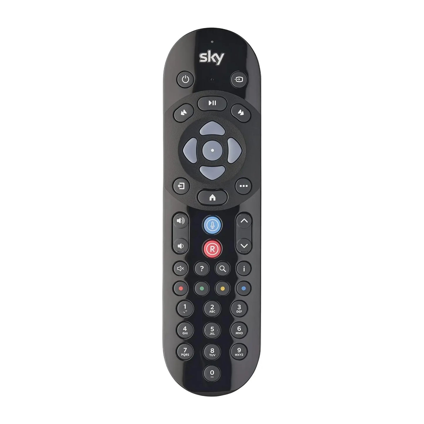 Das Bild zeigt die Sky Q Fernbedienung in Schwarz aus der Frontansicht.
