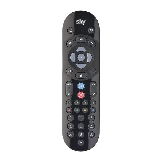 Das Bild zeigt die Sky Q Fernbedienung in Schwarz aus der Frontansicht.