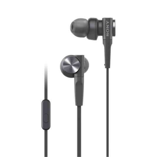 Das Bild zeigt die Sony MDR-XB55AP In-Ear-Kopfhörer in Schwarz aus der Frontansicht.