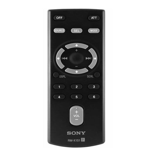 Das Bild zeigt die Sony RM-X151 Fernbedienung in Schwarz aus der Frontansicht.
