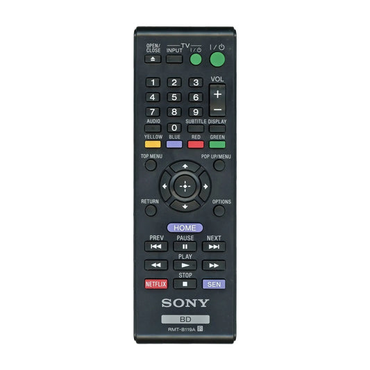 Das Bild zeigt die Sony RMT-B119A RMT-B119P Fernbedienung aus der Frontansicht.