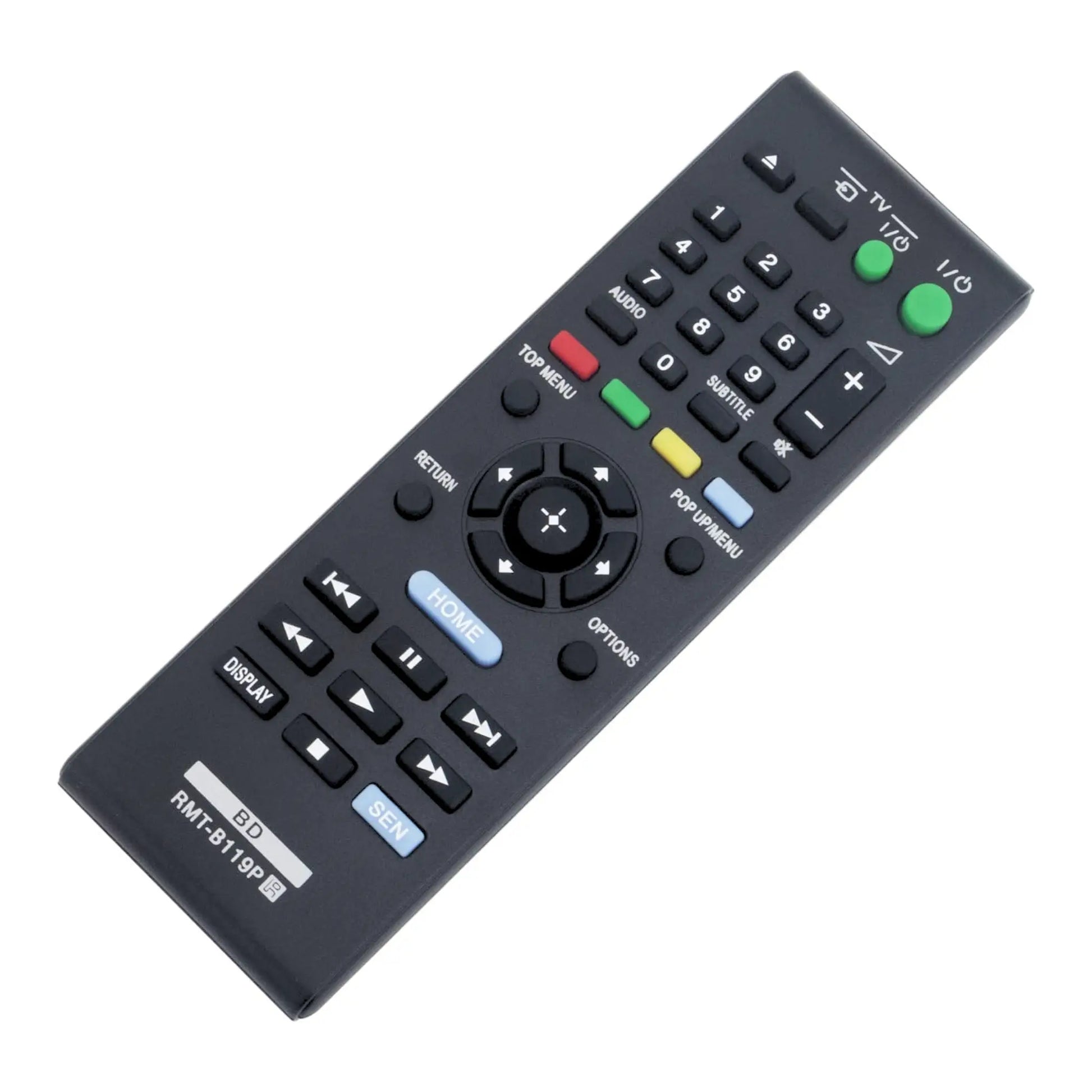Das Bild zeigt die Sony RMT-B119A RMT-B119P Fernbedienung aus der Schrägansicht.