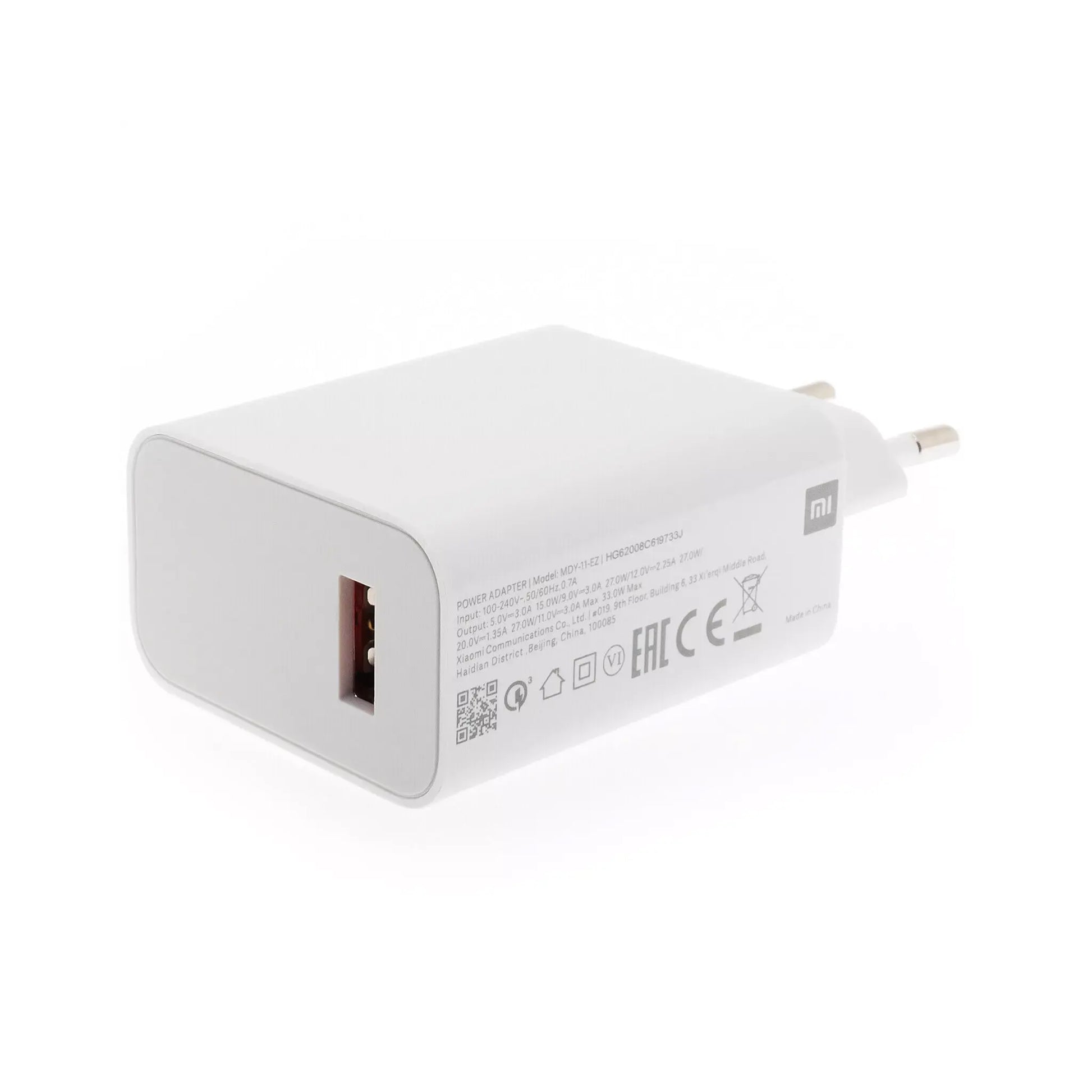 Das Bild zeigt das Xiaomi MDY-11-EZ Ladegerät 33W in Weiß aus der Detailansicht. 